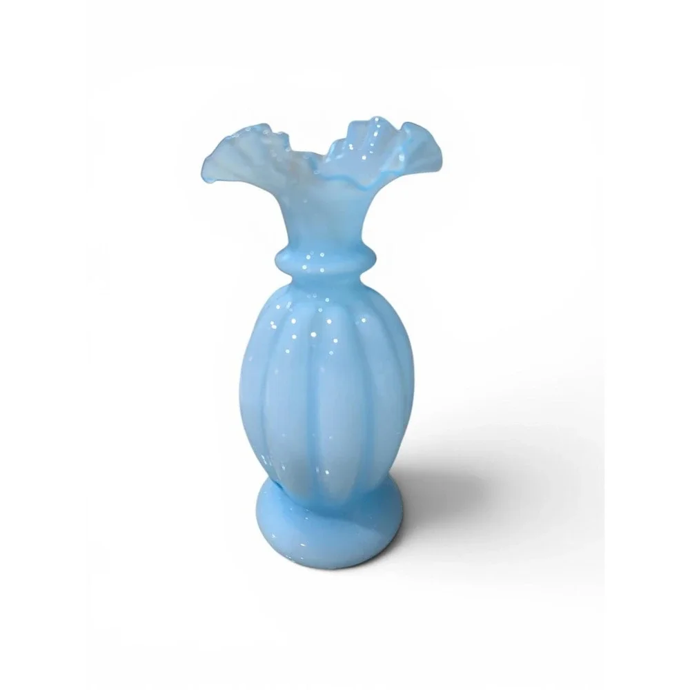 Vintage Blue Opalescent Milk Glass Melon Ribbed Ruffled Rim Vases Pair 8.5